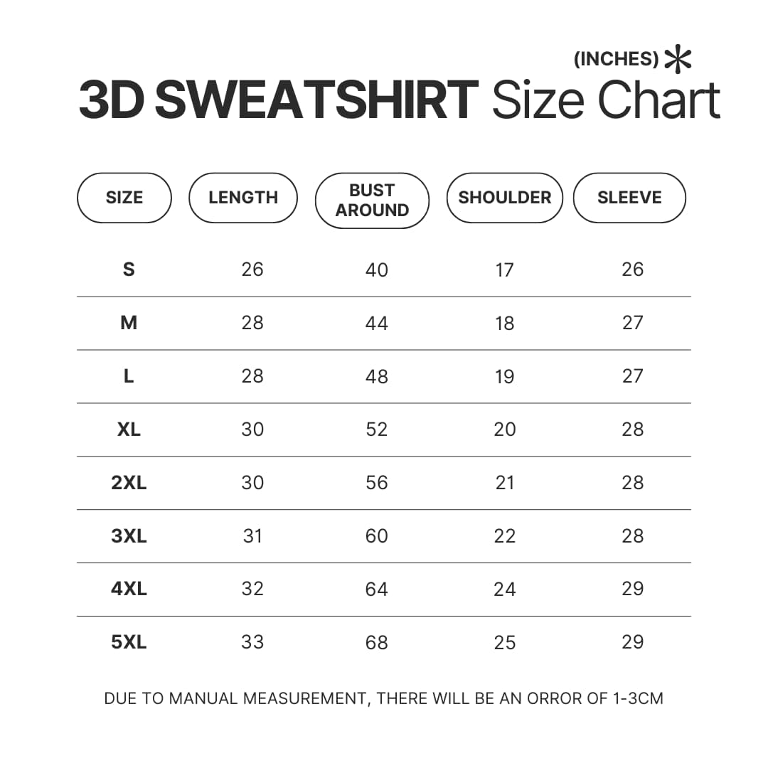 3D Sweatshirt Size Chart - Sleep Token Store