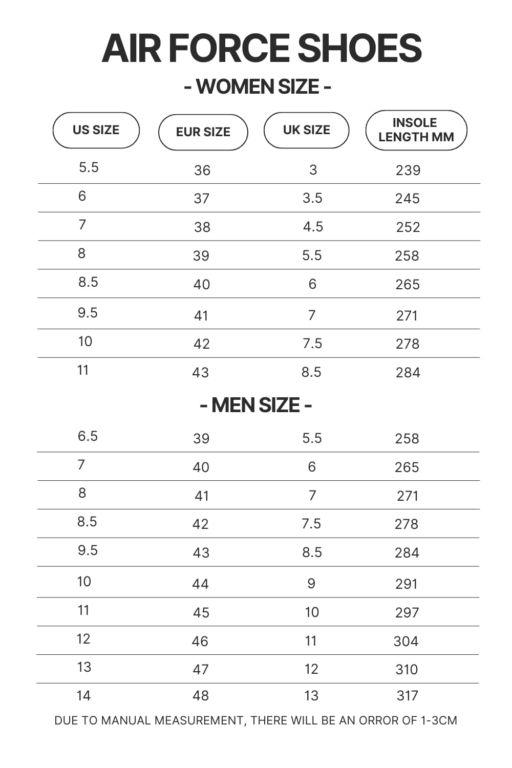 Air Force Shoes Size Chart - Sleep Token Store