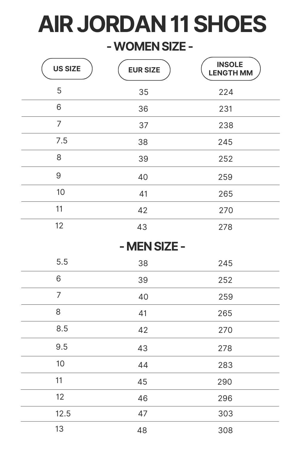 Air Jordan 11 Shoes Size Chart - Sleep Token Store