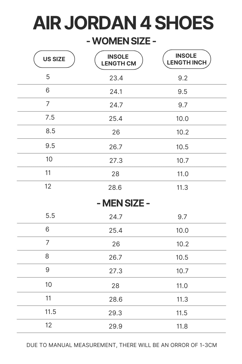 Air Jordan 4 Shoes Size Chart - Sleep Token Store