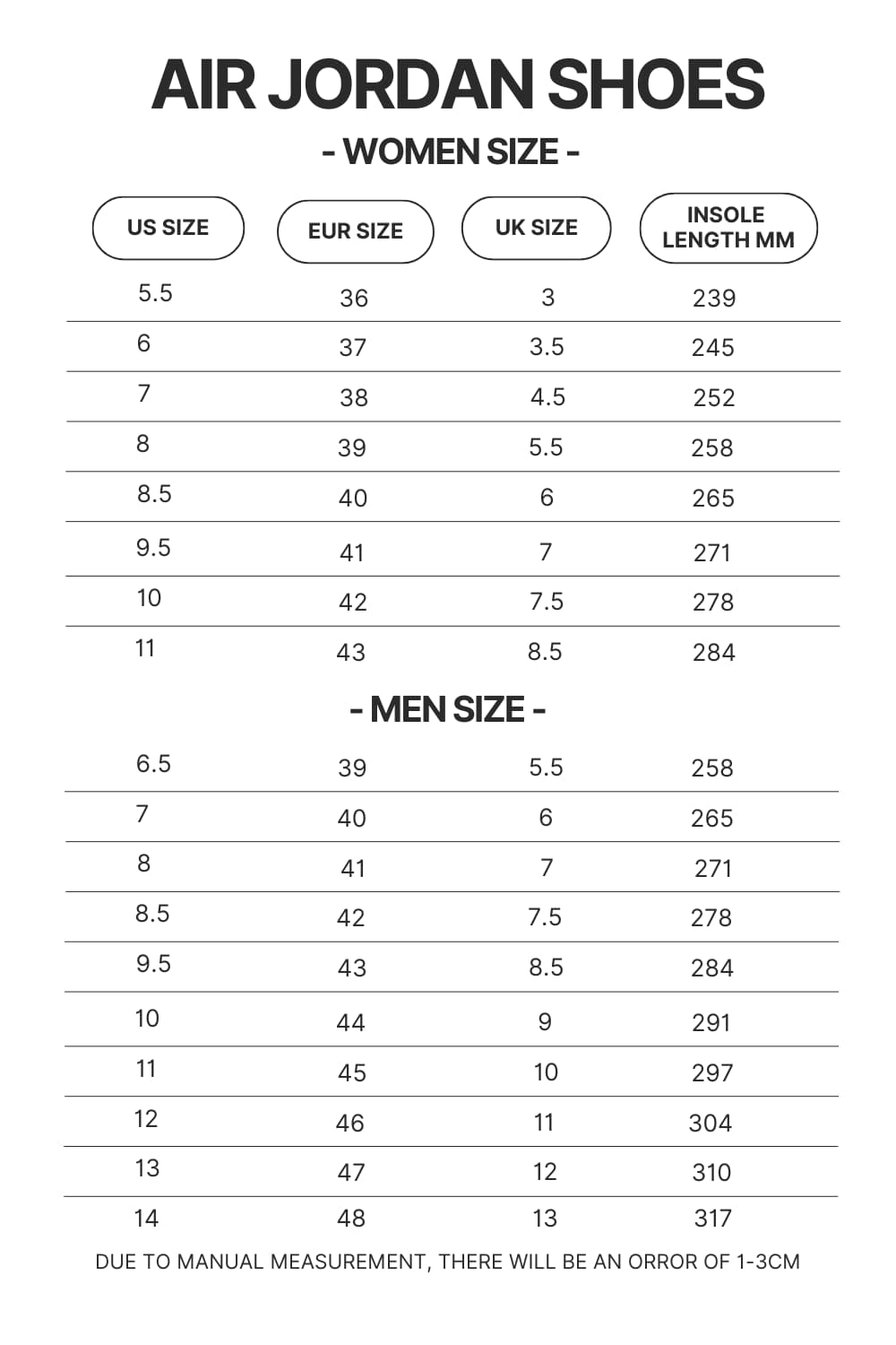 Air Jordan Shoes Size Chart - Sleep Token Store