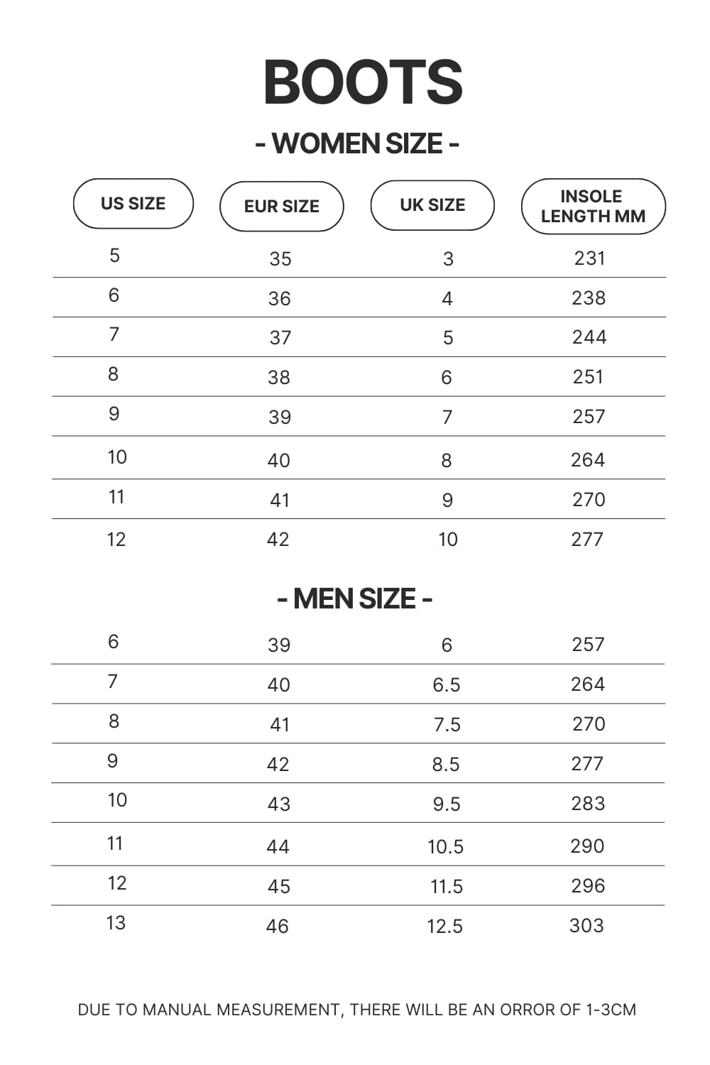 Boots Size Chart - Sleep Token Store