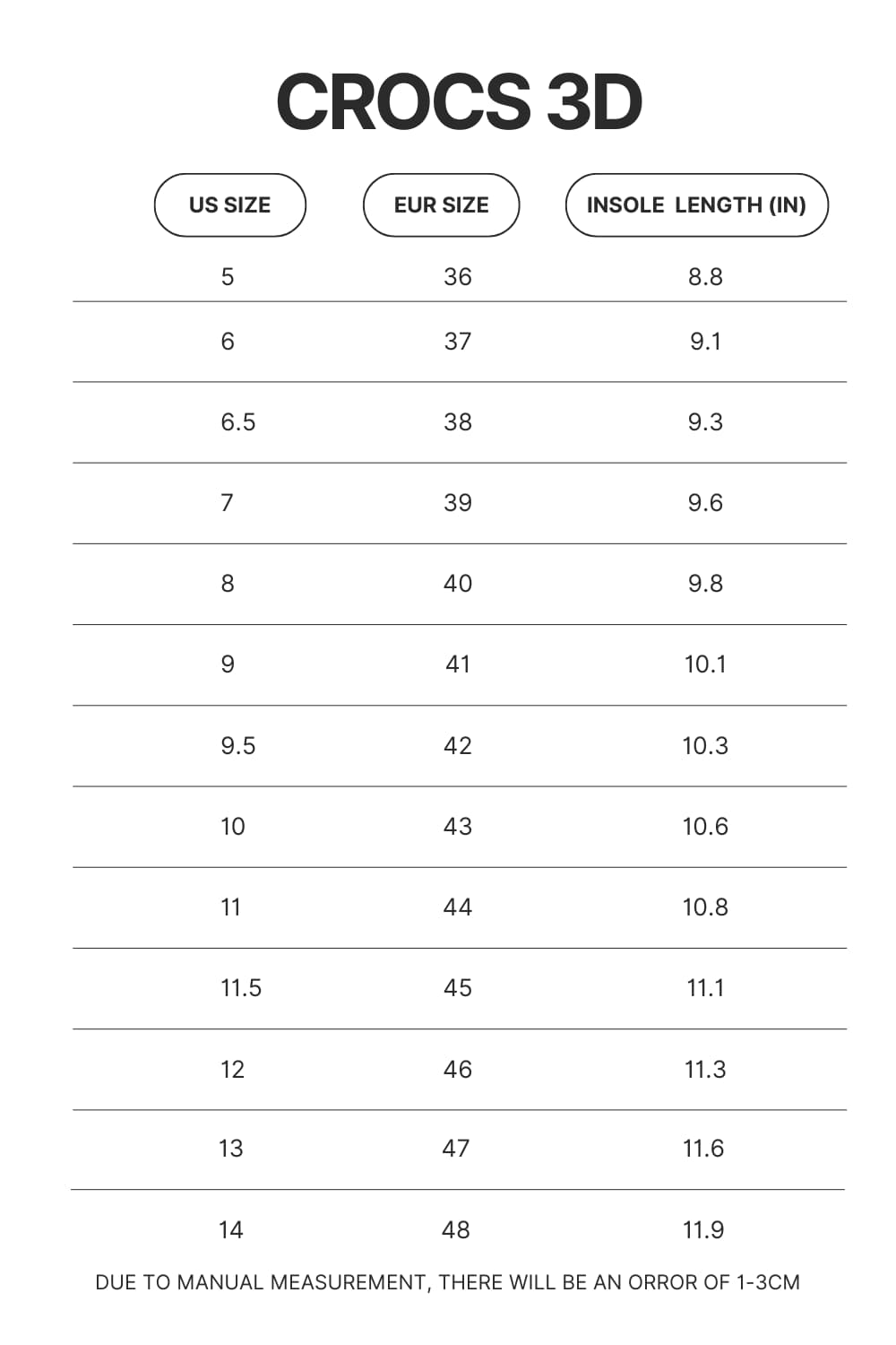 Crocs 3D Size Chart - Sleep Token Store