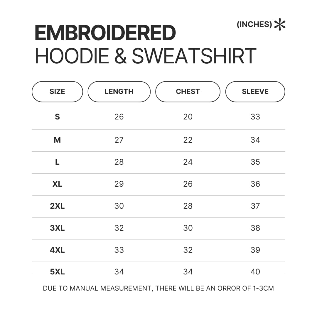 Embroidered Hoodie Sweatshirt Size Chart - Sleep Token Store