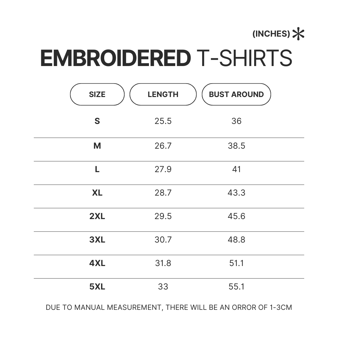 Embroidered T shirt Size Chart - Sleep Token Store