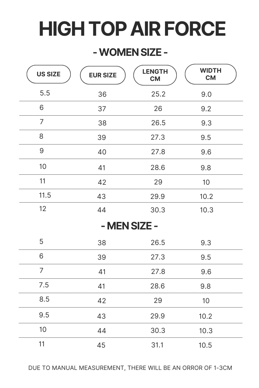 High Top Air Force Shoes Size Chart - Sleep Token Store