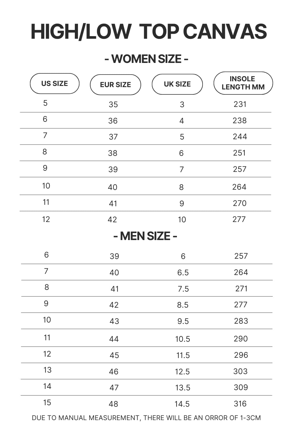 High Top Low Top Canvas Shoes Size Chart - Sleep Token Store