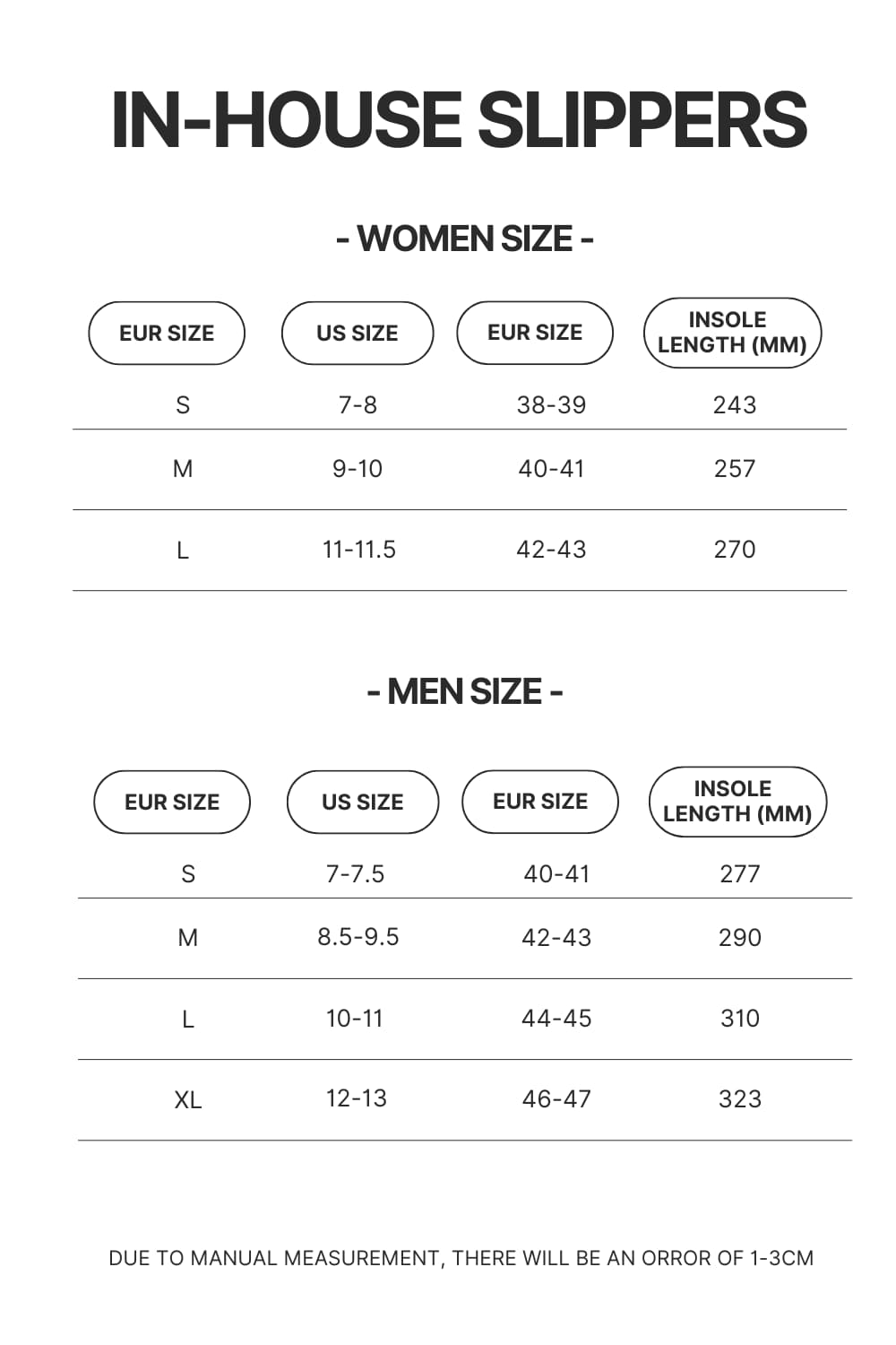 In House Slippers Size Chart - Sleep Token Store