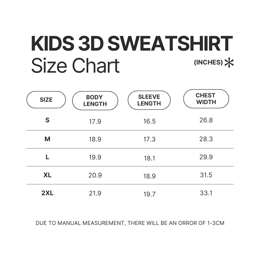 Kids 3D Sweatshirt Size Chart - Sleep Token Store