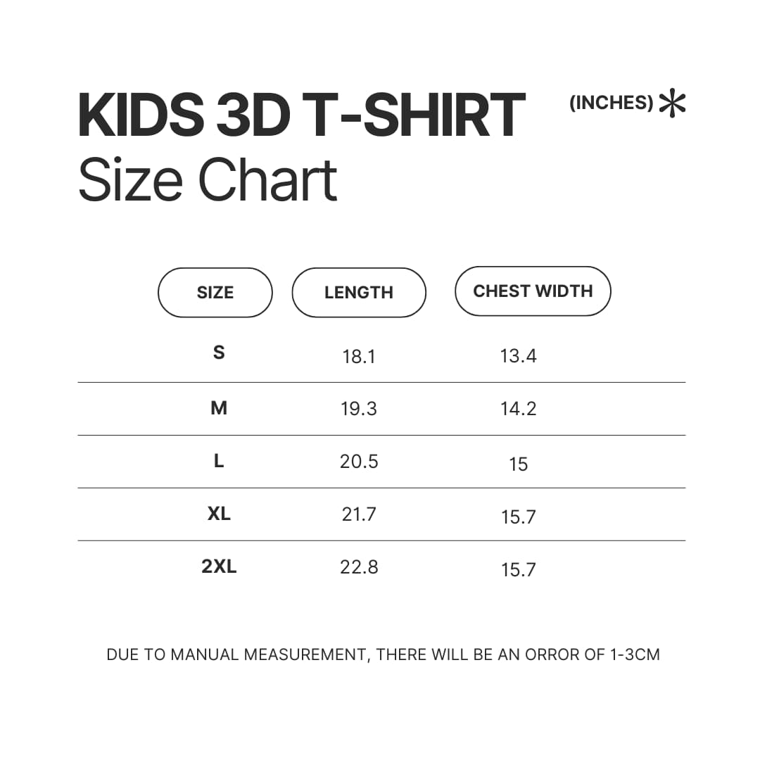 Kids 3D T shirt Size Chart - Sleep Token Store