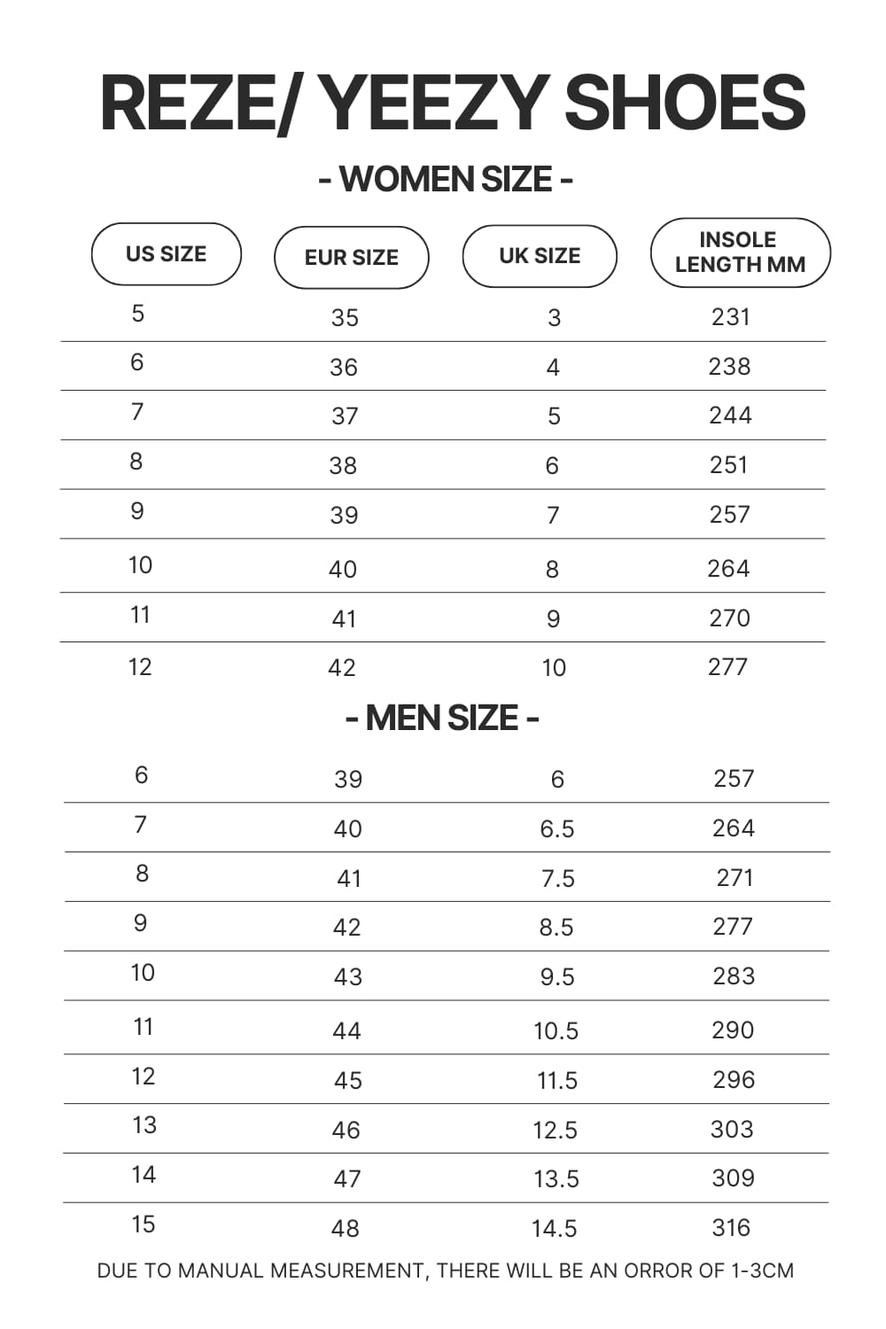 Reze Yeezy Shoes Size Chart - Sleep Token Store