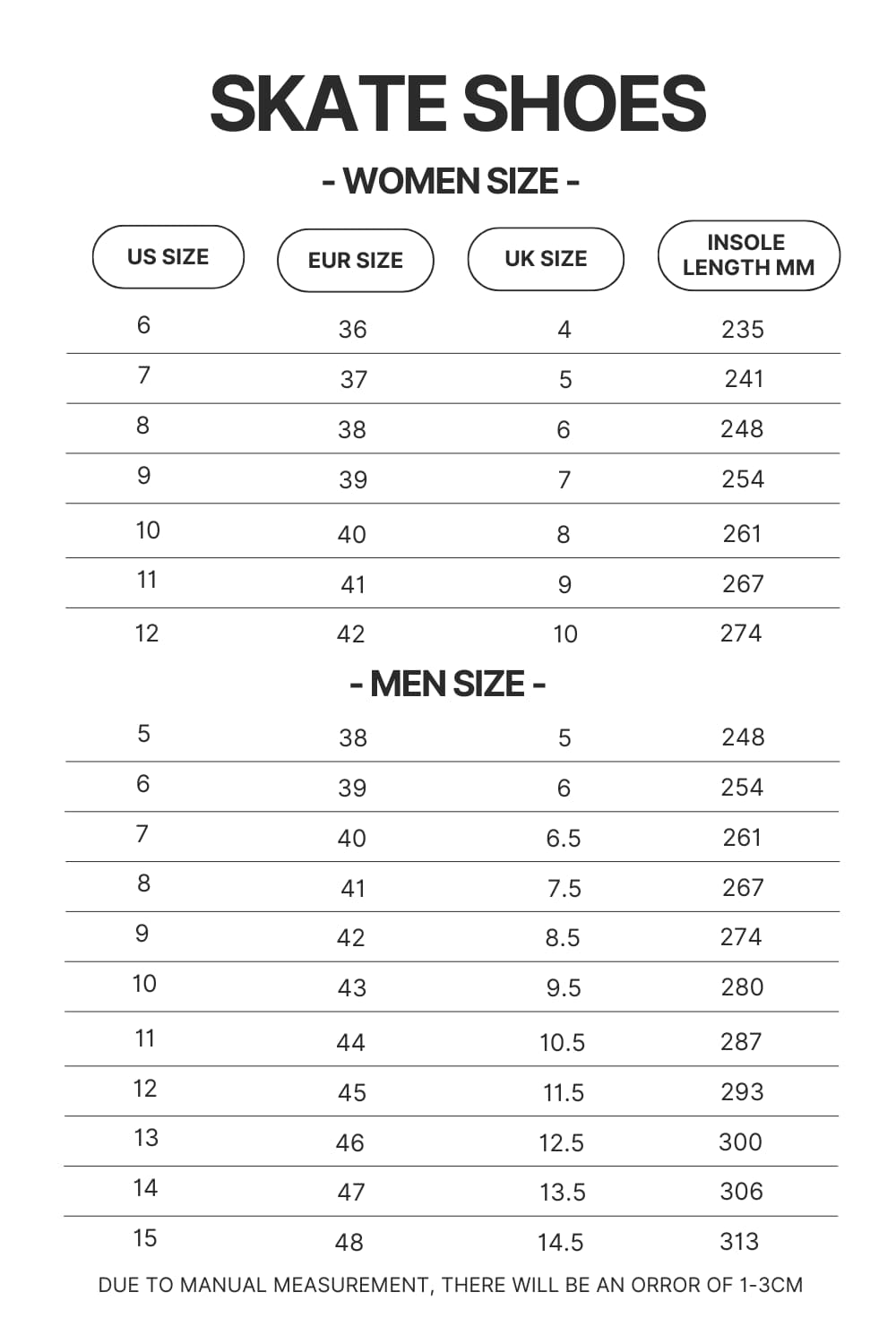 Skate Shoes Size Chart - Sleep Token Store