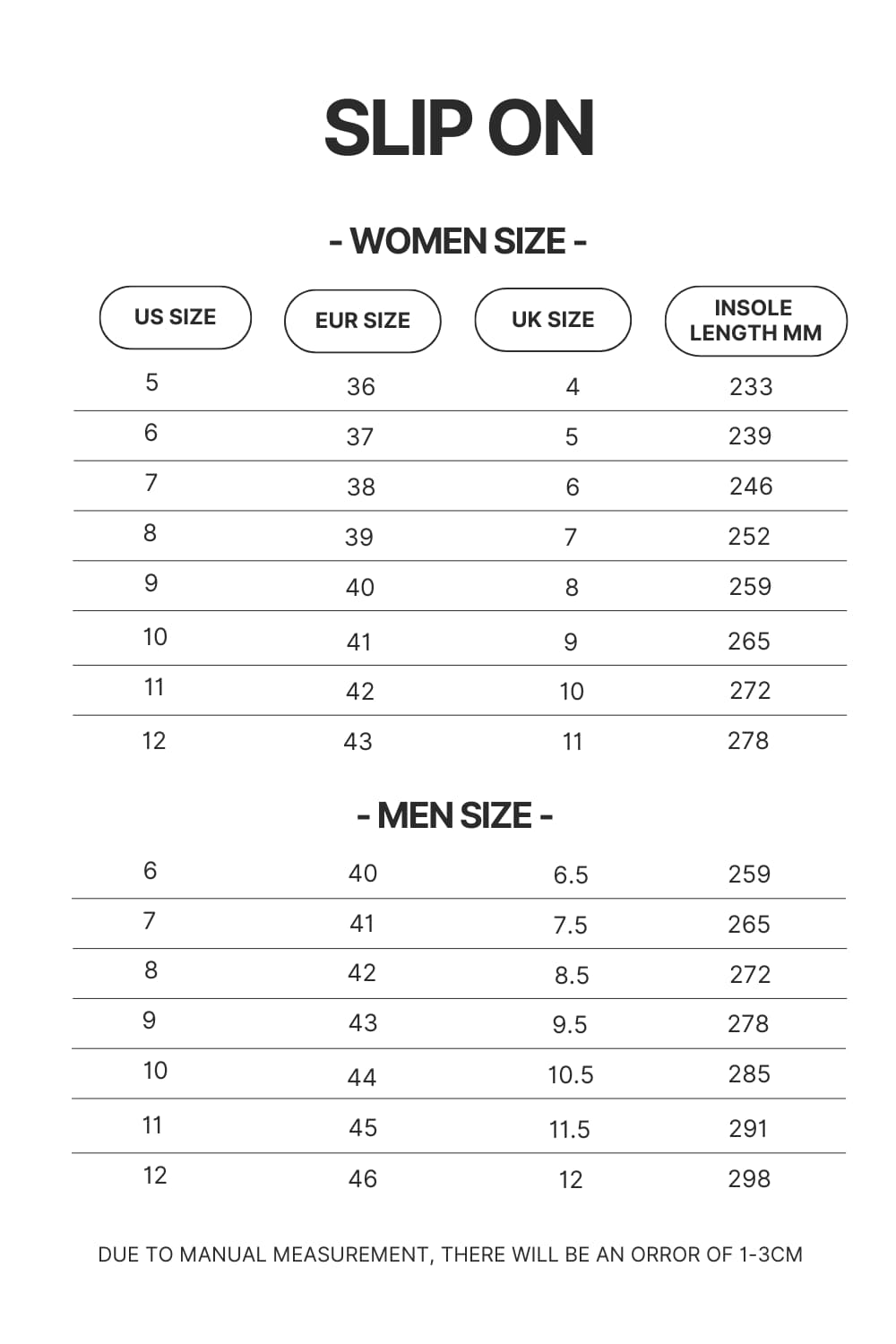 Slip On Size Chart - Sleep Token Store